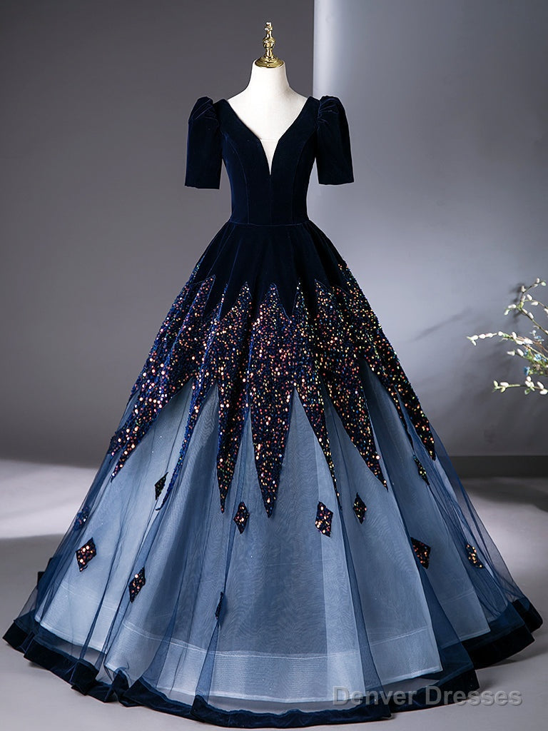A-Line V Neck Velvet Tulle Dark Blue Long Prom Dress, Dark Blue Long Evening Dress Main image