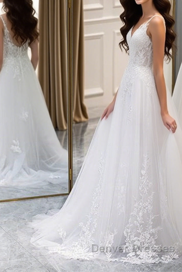 A Line V Neck White Lace Long Prom Dress, White Lace Wedding Dress, White Formal Evening Dress