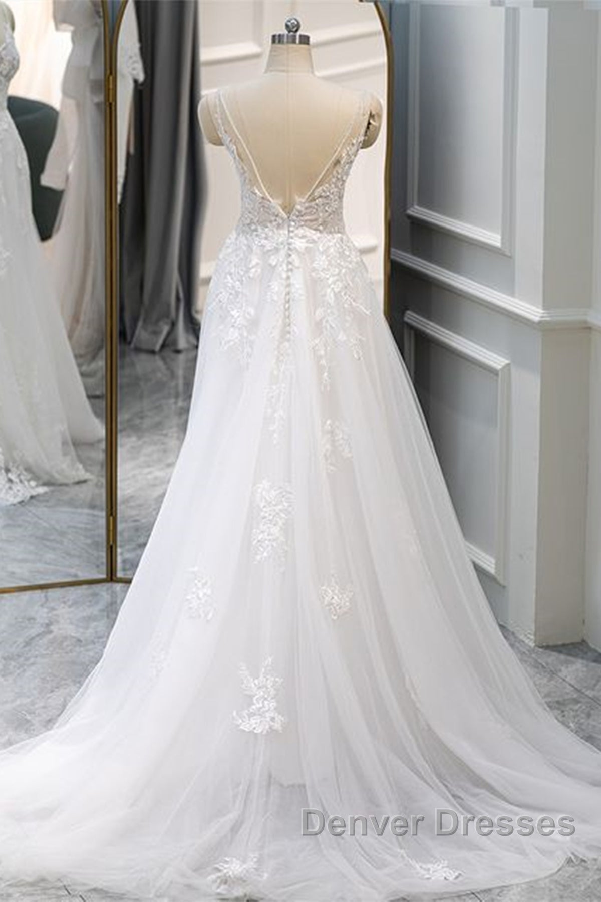 A Line V Neck White Lace Long Prom Dress, White Lace Wedding Dress, White Formal Evening Dress Secondary image