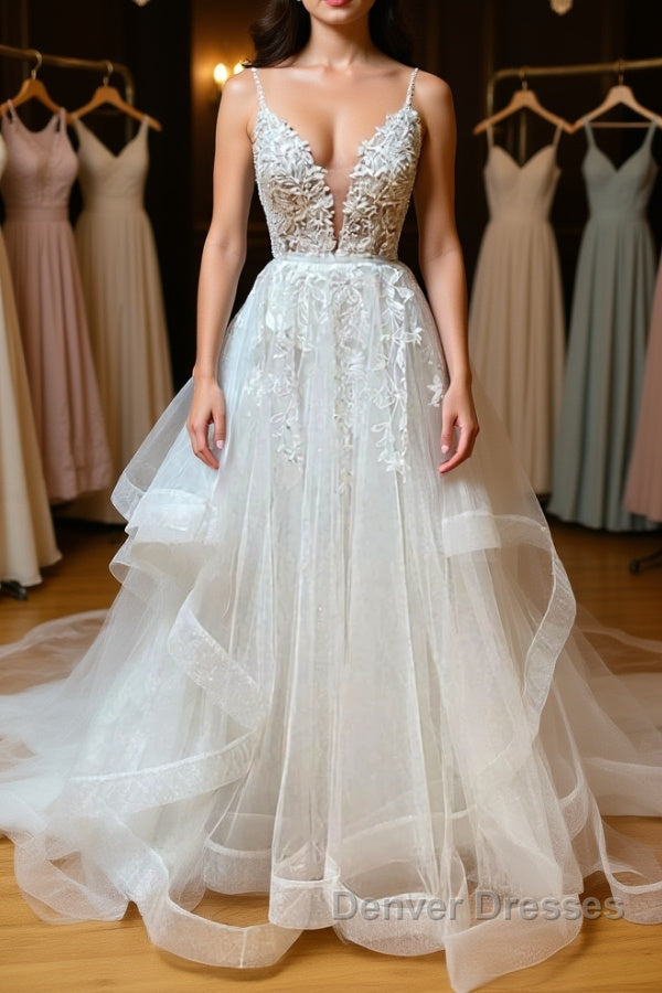 A Line V Neck White Lace Long Prom Dress, White Lace Wedding Dress, White Formal Evening Dress Main image