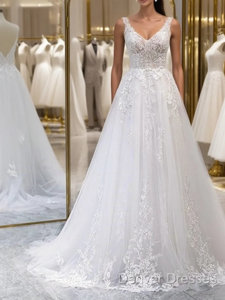 A Line V Neck White Lace Long Prom Dress, White Lace Wedding Dress, White Formal Evening Dress A1801 Main image