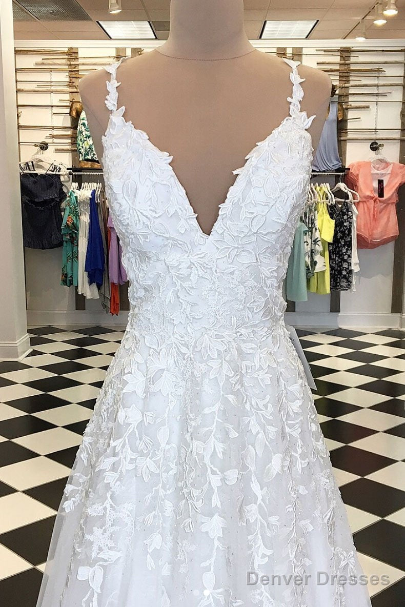 A Line V Neck White Lace Prom Dresses, White Lace Formal Graduation Bridesmaid Dresses Secondary image