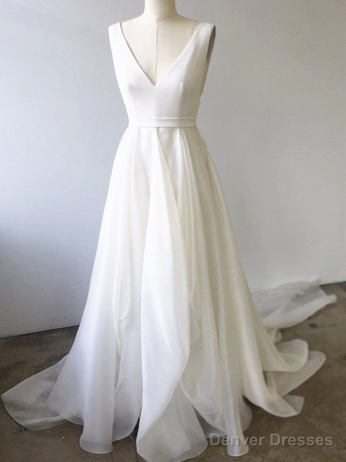 A Line V Neck White Prom Dresses With Train, V Neck Formal Wedding Dresses With Train