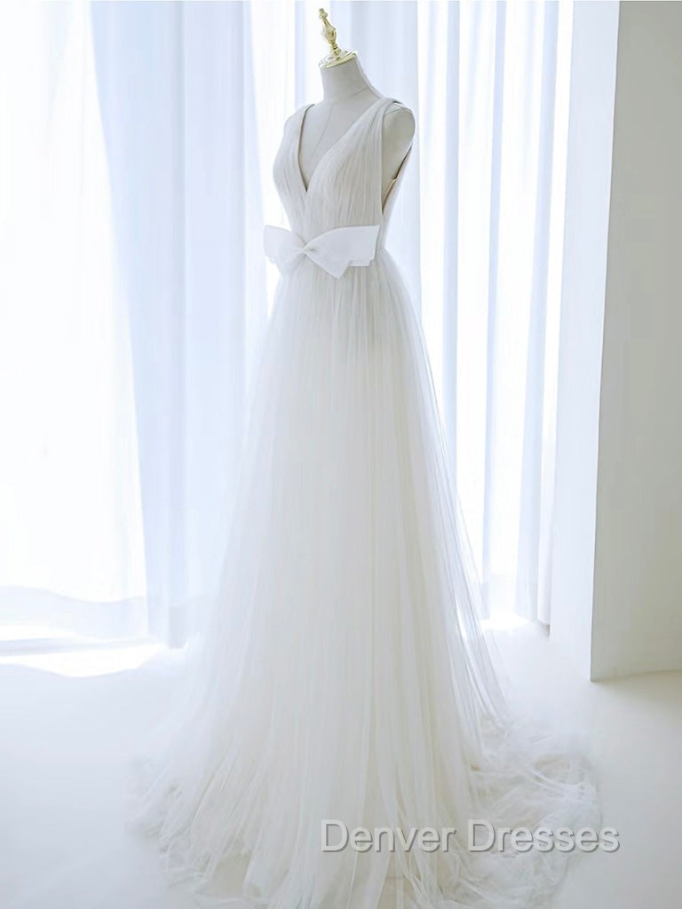 A-Line V Neck White Tulle Long Wedding Dress with Bow Secondary image