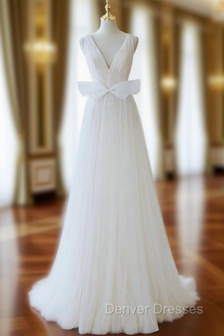 A-Line V Neck White Tulle Long Wedding Dress with Bow Main image