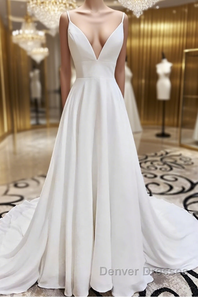 A Line V Neck White Wedding Dress with Lace Back, White V Neck Prom Formal Dress Main image