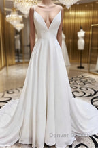 A Line V Neck White Wedding Dress with Lace Back, White V Neck Prom Formal Dress
