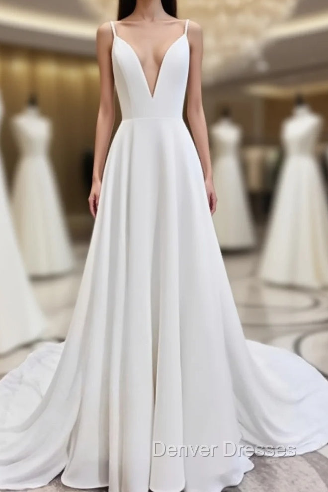 A Line V Neck White Wedding Dress with Sweep Train, White Formal Evening Prom Dress Main image