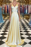 A Line V Neck Yellow Long Prom Dress, Yellow Long Backless Formal Evening Dress