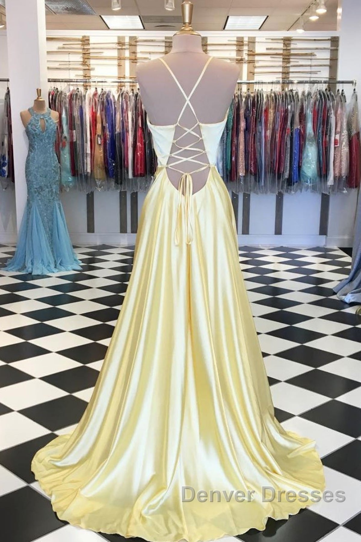 A Line V Neck Yellow Long Prom Dress, Yellow Long Backless Formal Evening Dress Secondary image