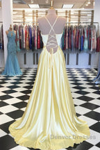A Line V Neck Yellow Long Prom Dress, Yellow Long Backless Formal Evening Dress
