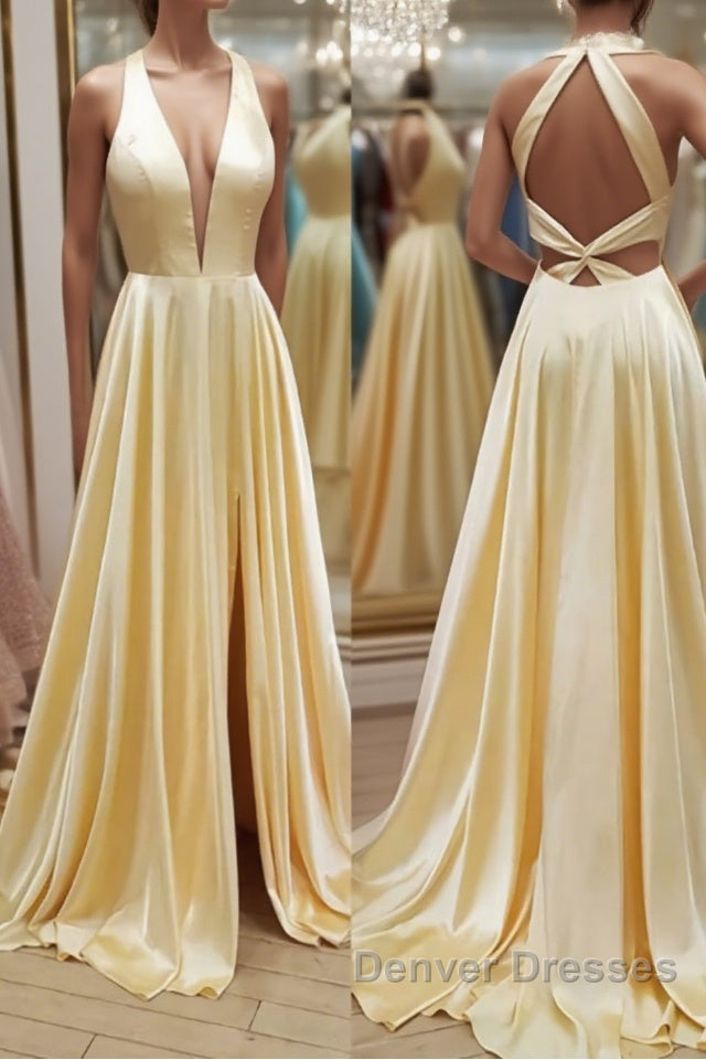 A Line V Neck Yellow Satin Long Prom Dress, V Neck Backless Yellow Formal Evening Dress