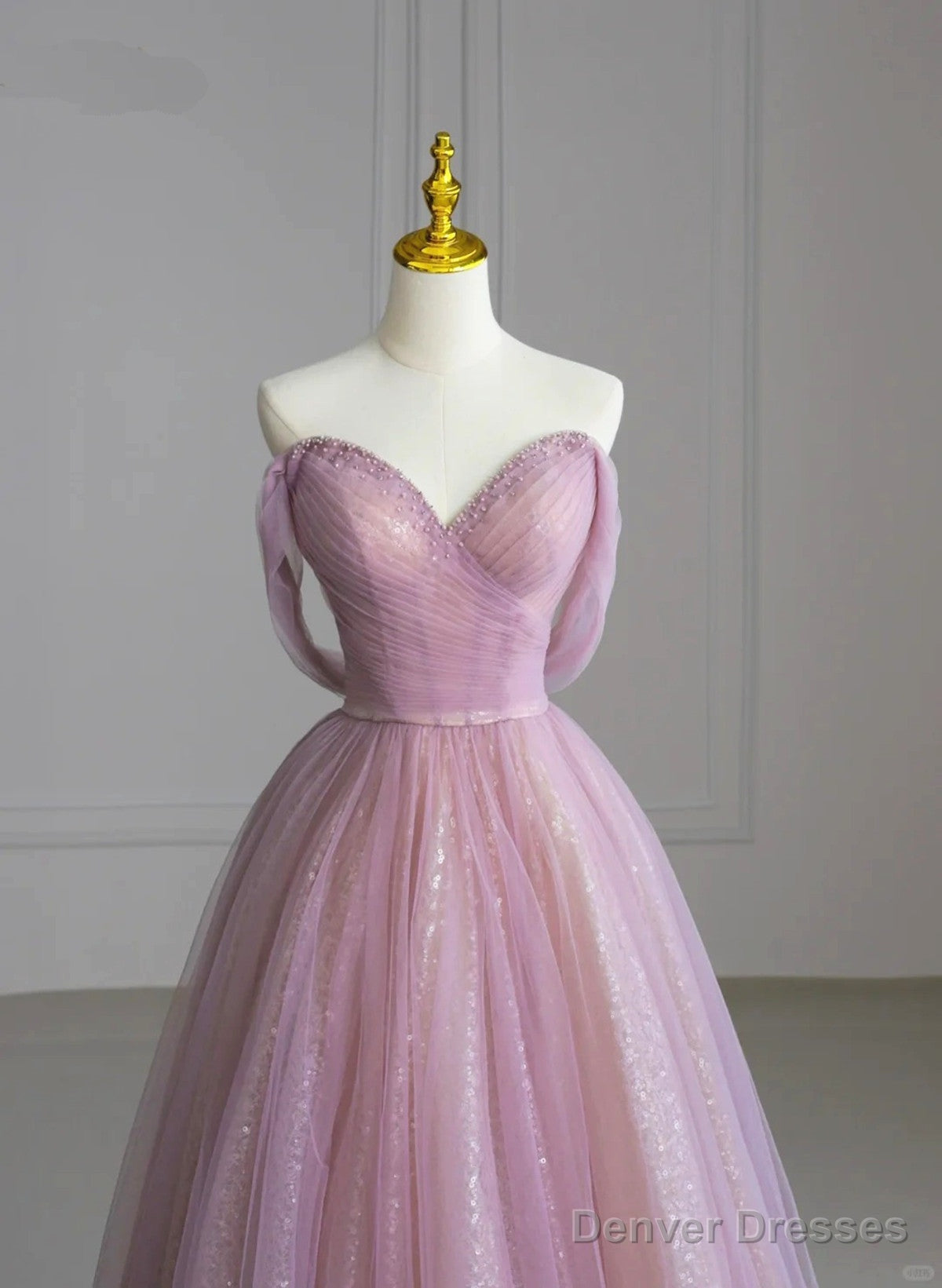 A-Line V-Neckline Beaded Tulle Off Shoulder Prom Dress, Pink Tulle Evening Dress Secondary image