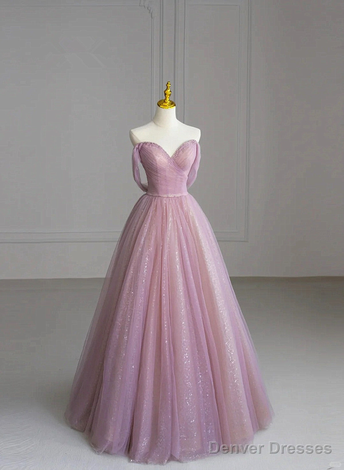 A-Line V-Neckline Beaded Tulle Off Shoulder Prom Dress, Pink Tulle Evening Dress Main image