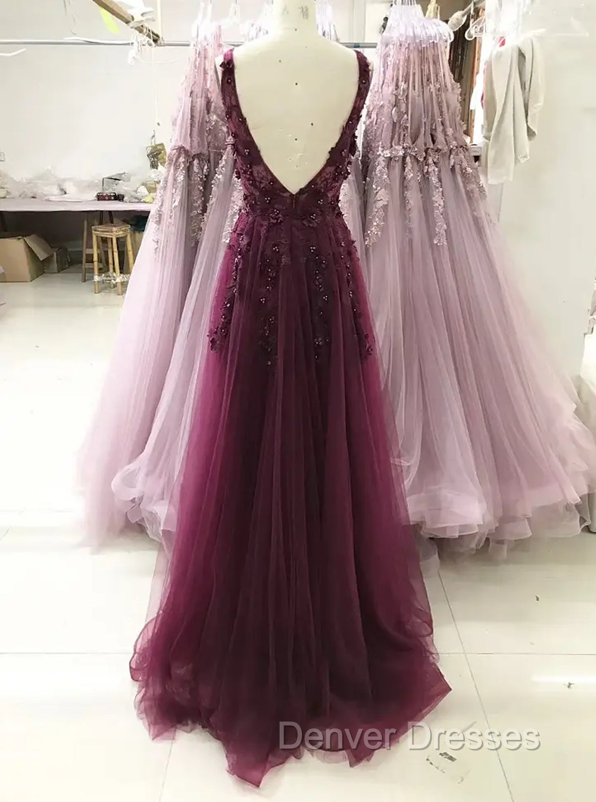 A-line V-neckline Flowers Tulle  Evening Dress Prom Dress, Long Wedding Party Dress