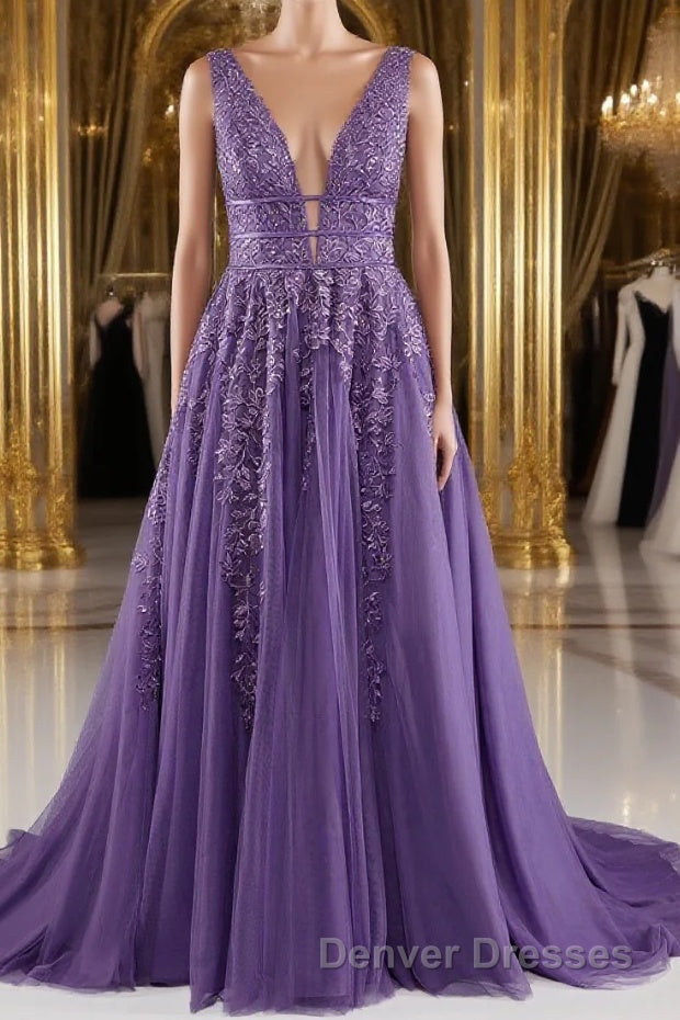 A-line V-Neck Lace Appliques Long Mother of The Bride Dress