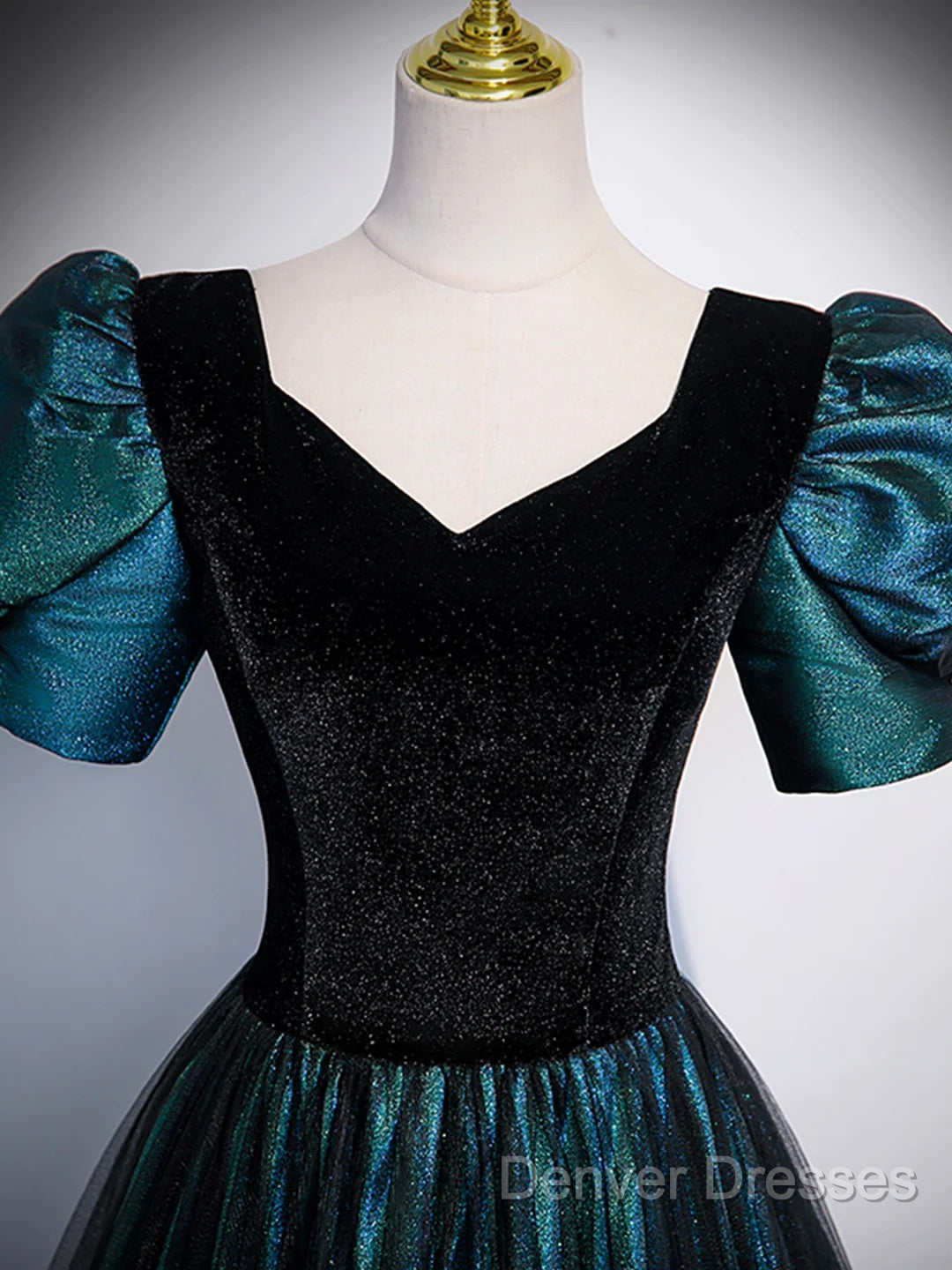 A-Line Velvet And Tulle Long Prom Dress, Short Sleeve Party Dress Formal Dress