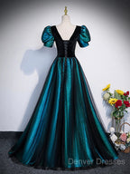 A-Line Velvet And Tulle Long Prom Dress, Short Sleeve Party Dress Formal Dress