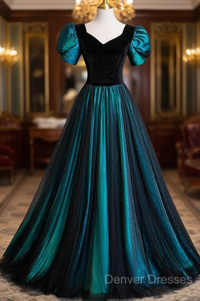 A-Line Velvet And Tulle Long Prom Dress, Short Sleeve Party Dress Formal Dress