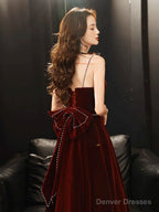 A-Line Velvet Burgundy Long Prom Dress, Burgundy Long Evening Dress