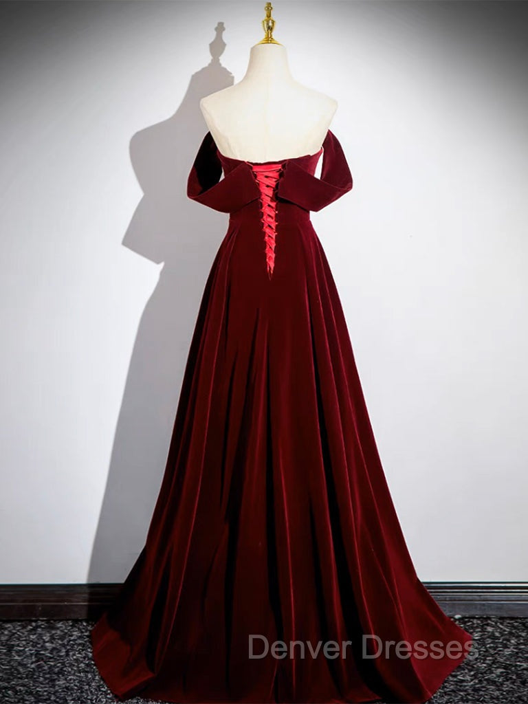 A-Line Velvet Burgundy Long Prom Dress, Burgundy Long Formal Dress Secondary image