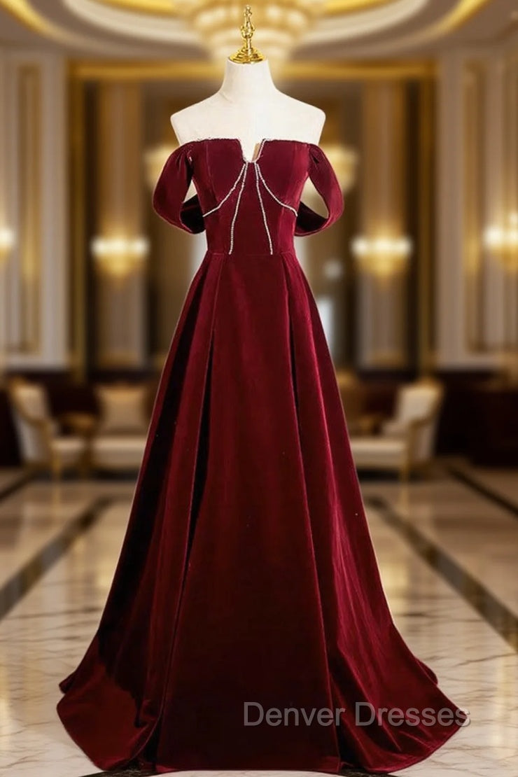 A-Line Velvet Burgundy Long Prom Dress, Burgundy Long Formal Dress Main image