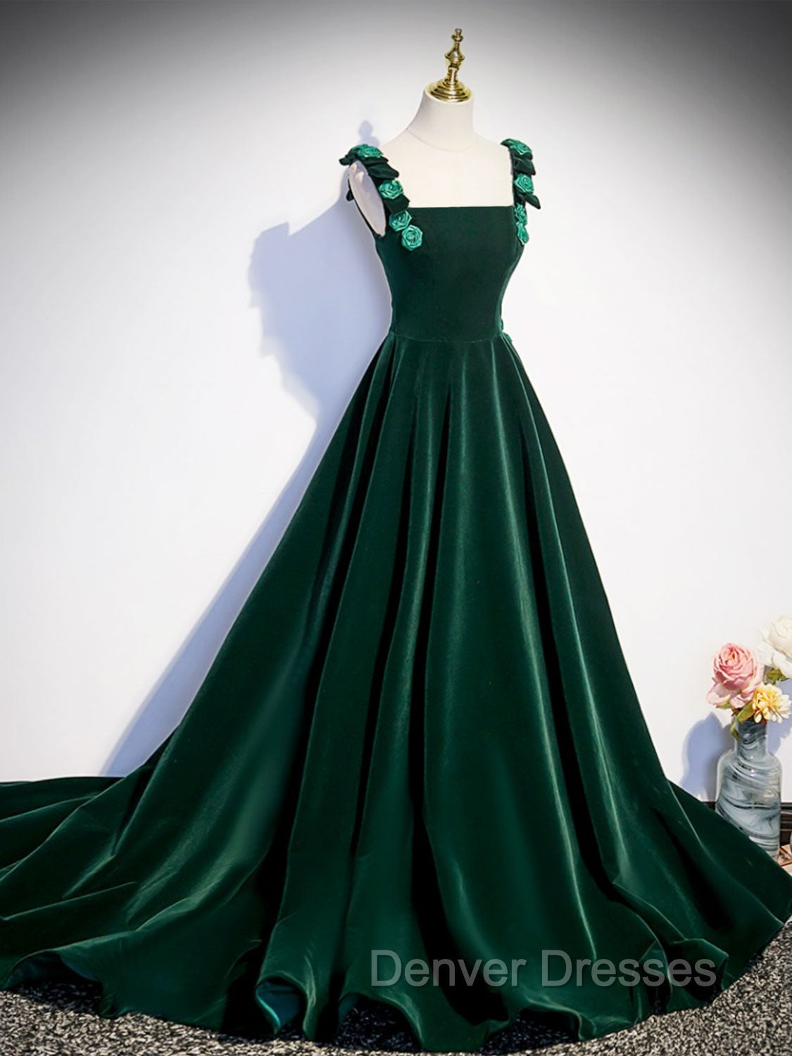 A-Line Velvet Green Long Prom Dress, Green Formal Evening Dress