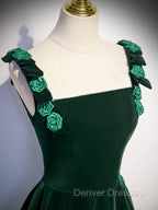 A-Line Velvet Green Long Prom Dress, Green Formal Evening Dress