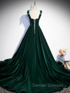 A-Line Velvet Green Long Prom Dress, Green Formal Evening Dress
