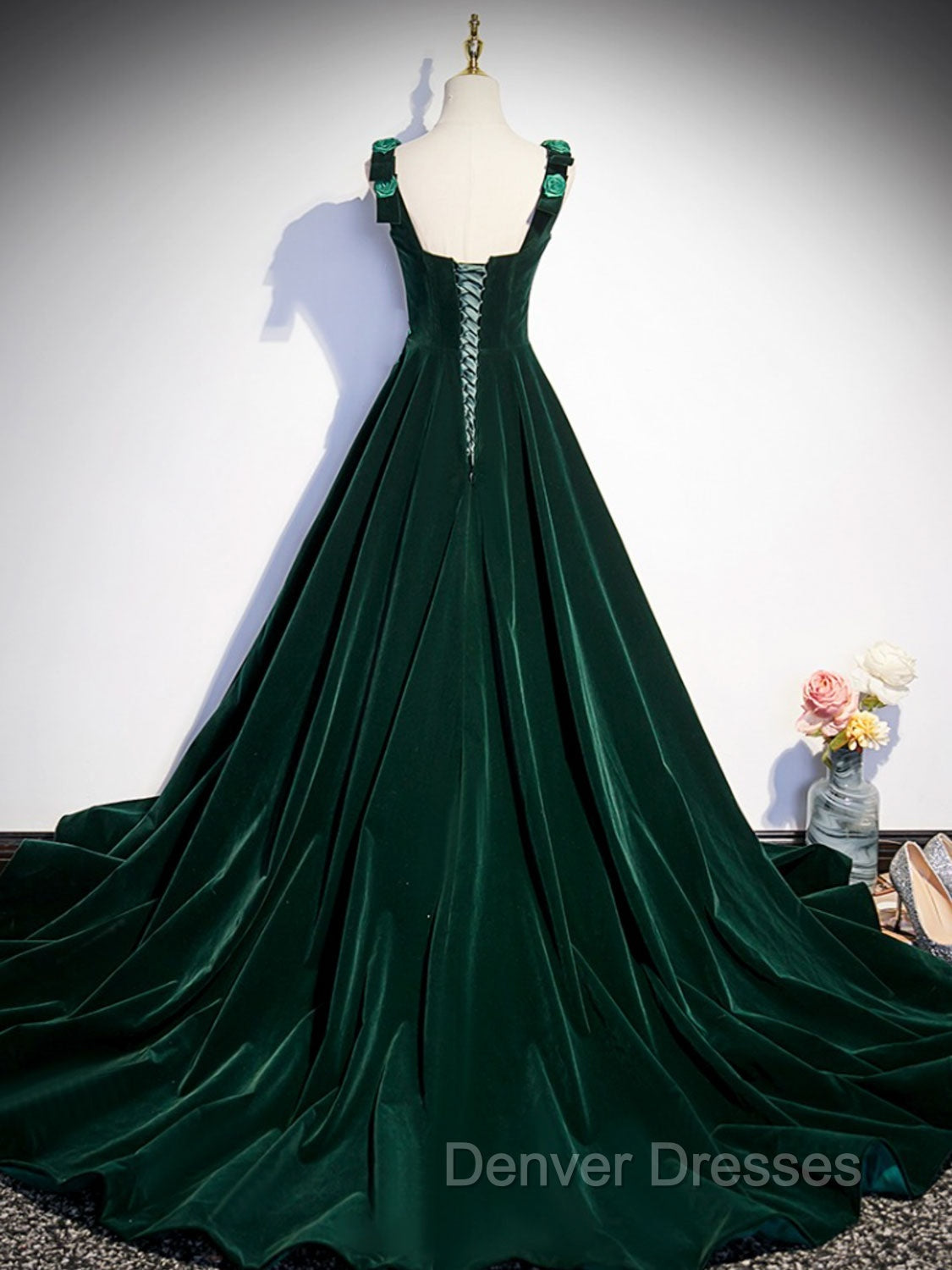 A-Line Velvet Green Long Prom Dress, Green Formal Evening Dress