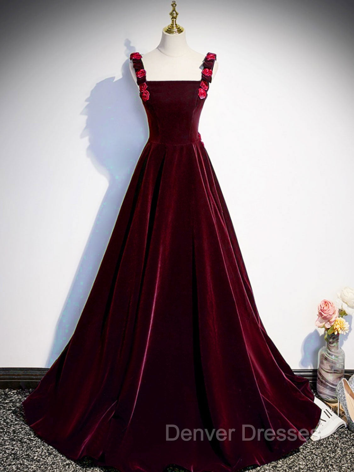 A-Line Velvet Green Long Prom Dress, Green Formal Evening Dress