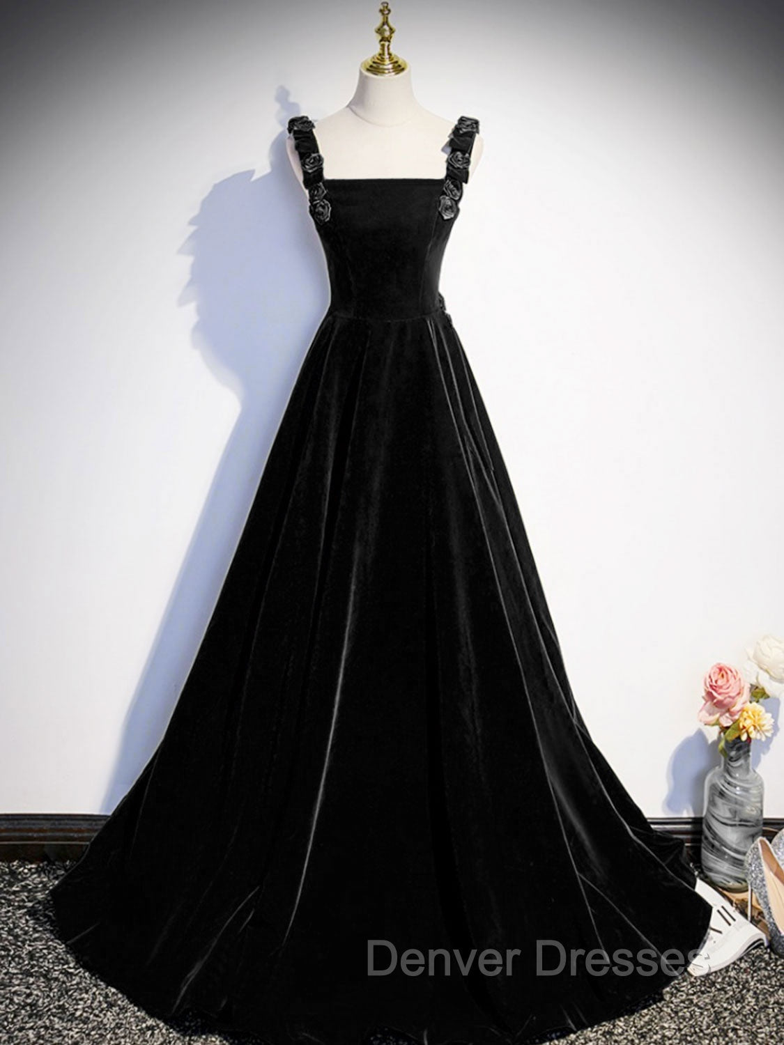 A-Line Velvet Green Long Prom Dress, Green Formal Evening Dress