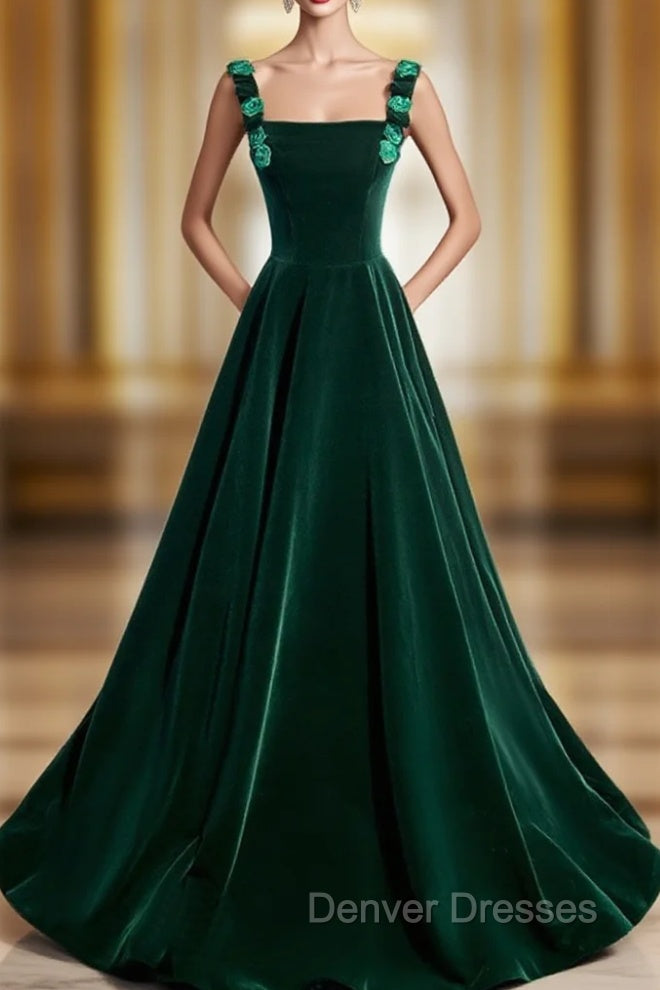 A-Line Velvet Green Long Prom Dress, Green Formal Evening Dress