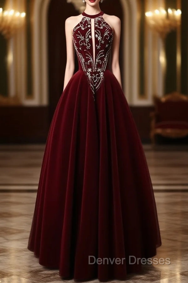 A-Line Velvet Sequin Beads Burgundy Long Prom Dress, Burgundy Long Formal Dress Main image