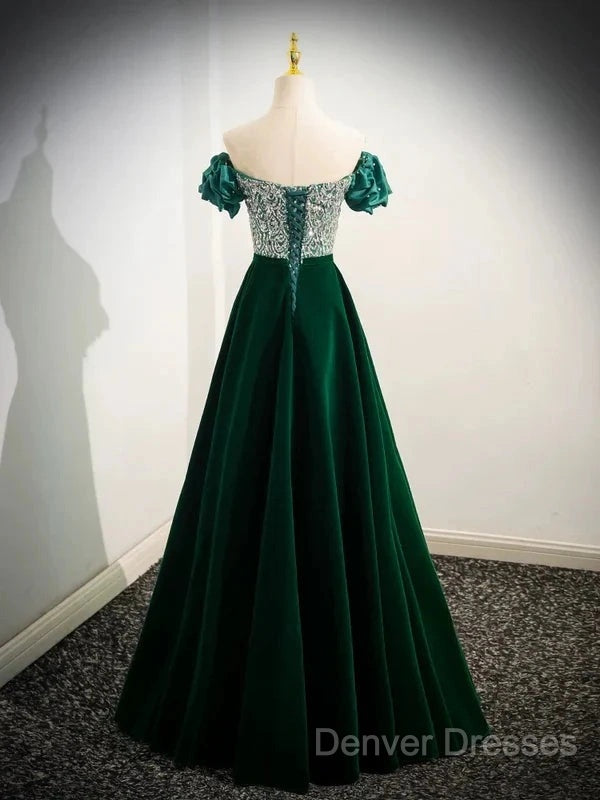 A-Line Velvet Sequin Beads Green Long Prom Dress Evening Dress Elegant