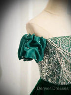 A-Line Velvet Sequin Beads Green Long Prom Dress Evening Dress Elegant
