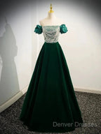 A-Line Velvet Sequin Beads Green Long Prom Dress Evening Dress Elegant