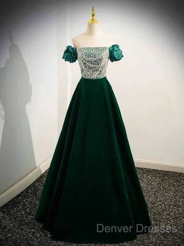 A-Line Velvet Sequin Beads Green Long Prom Dress Evening Dress Elegant