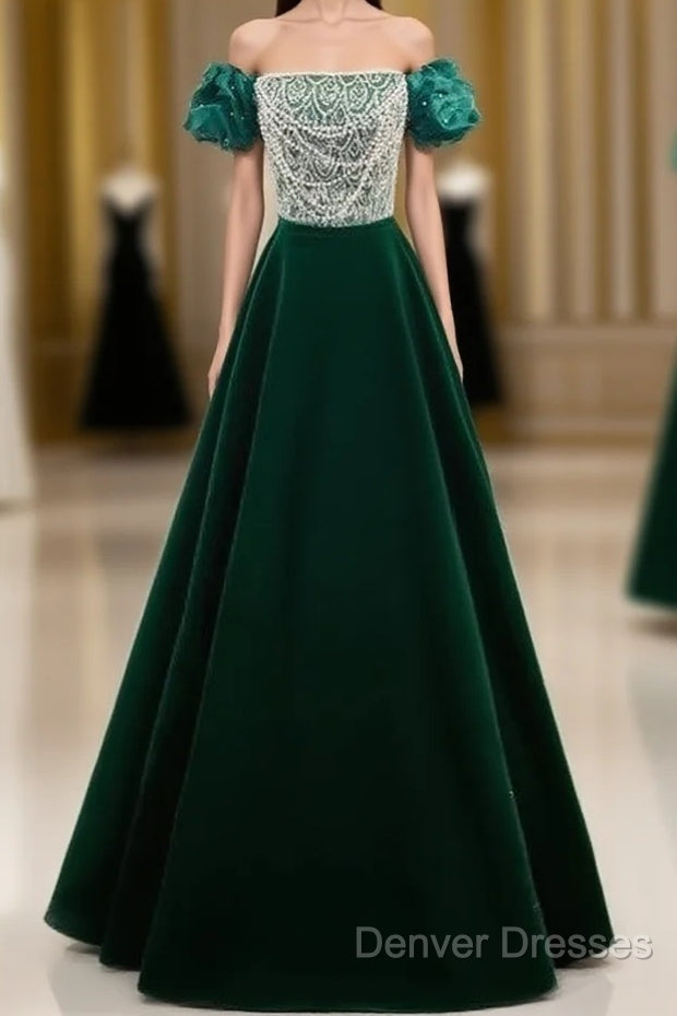 A-Line Velvet Sequin Beads Green Long Prom Dress Evening Dress Elegant Main image