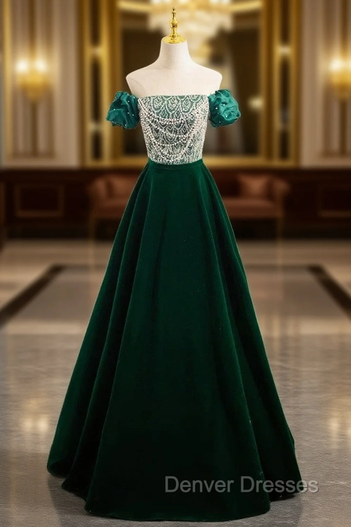 A-Line Velvet Sequin Beads Green Long Prom Dress, Green Velvet Long Formal Dress
