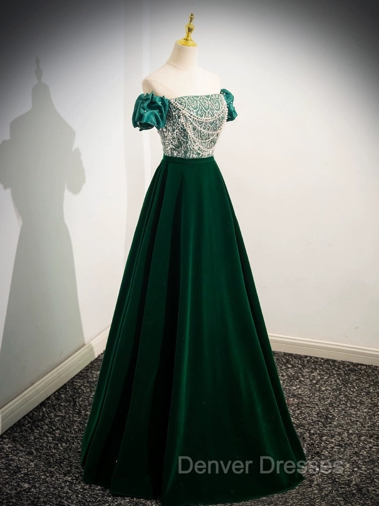 A-Line Velvet Sequin Beads Green Long Prom Dress, Velvet Green Long Formal Dress Secondary image