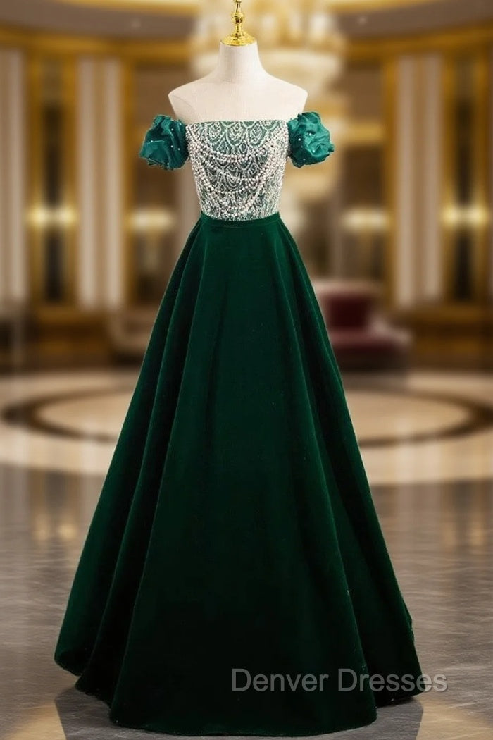 A-Line Velvet Sequin Beads Green Long Prom Dress, Velvet Green Long Formal Dress Main image