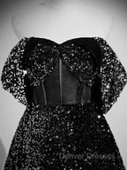 A-Line Velvet Sequin Long Black Prom Dress, Black Long Evening Dress