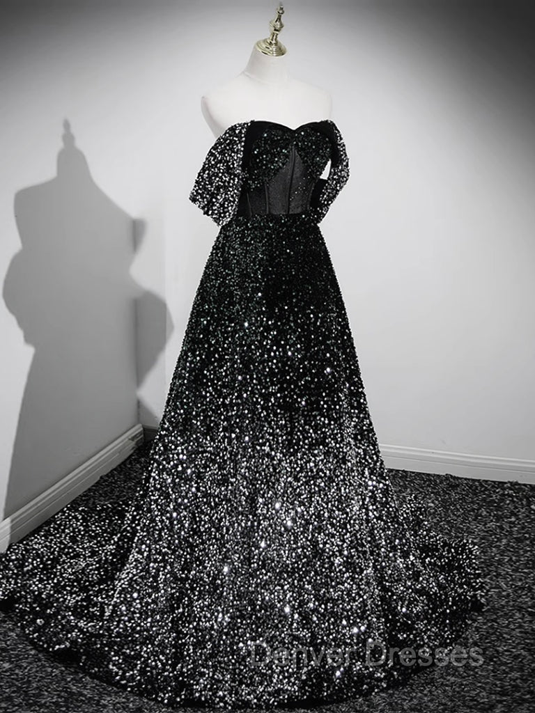 A-Line Velvet Sequin Long Black Prom Dress, Black Long Evening Dress Secondary image