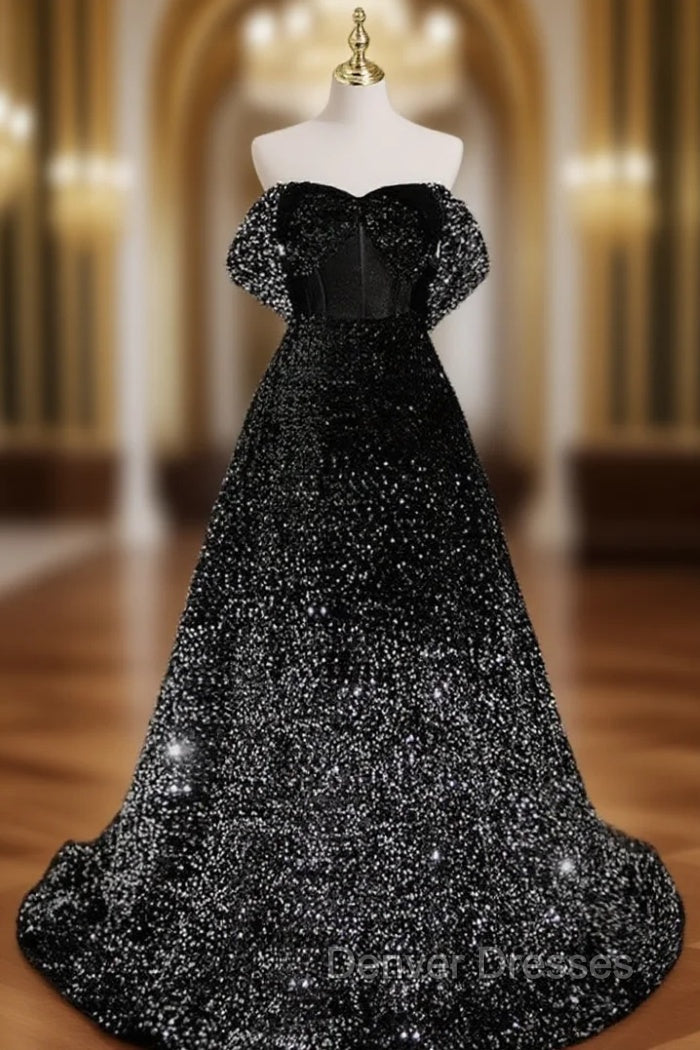A-Line Velvet Sequin Long Black Prom Dress, Black Long Evening Dress
