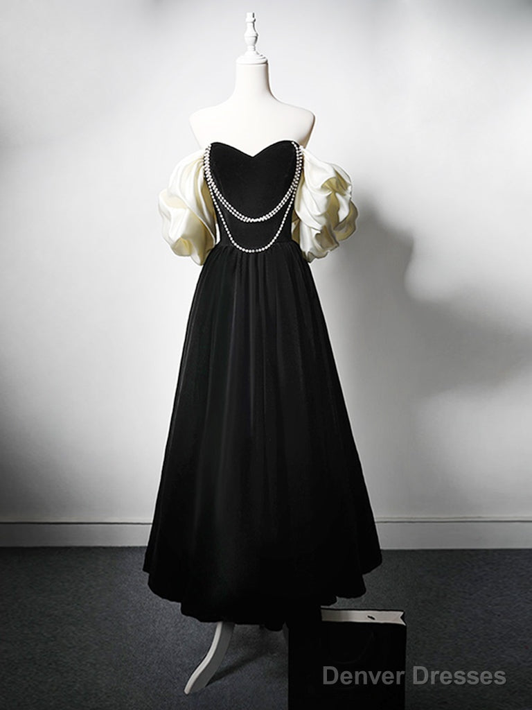 A-Line Velvet Tea Length Black Prom Dress, Tea Length Black Formal Dress Main image