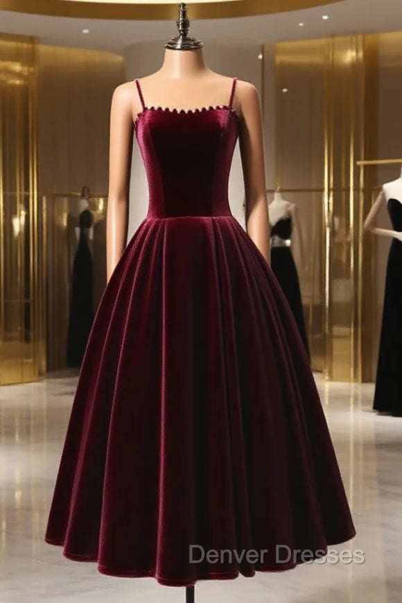 A-Line Velvet Tea Length Burgundy Prom Dress, Burgundy Cocktail Dress Main image