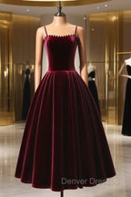 A-Line Velvet Tea Length Burgundy Prom Dress, Burgundy Cocktail Dress