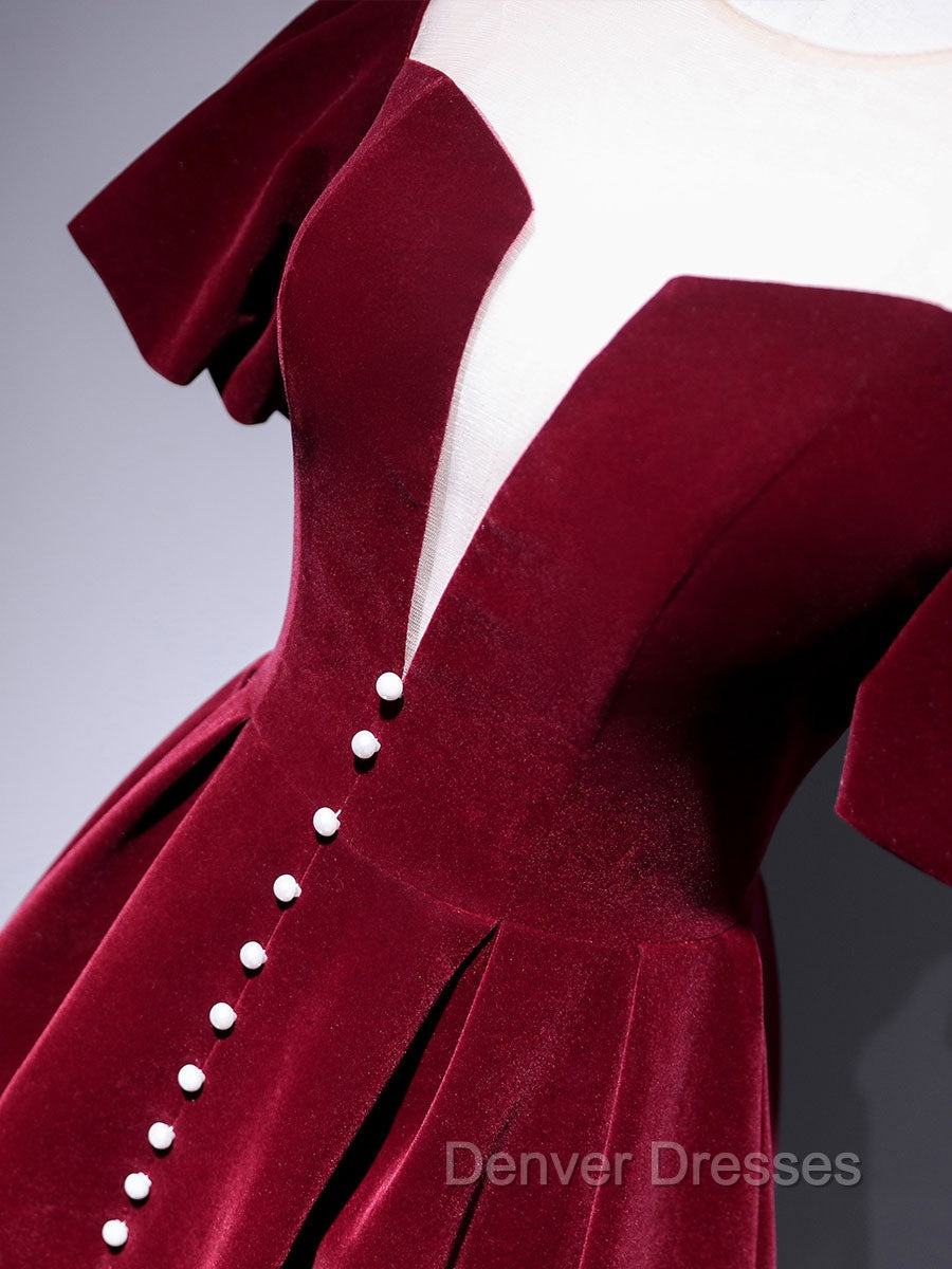 A line Velvet Tea Length Prom Dress, Burgundy Velvet Bridesmaid Dress Secondary image
