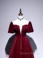 A line Velvet Tea Length Prom Dress, Burgundy Velvet Bridesmaid Dress